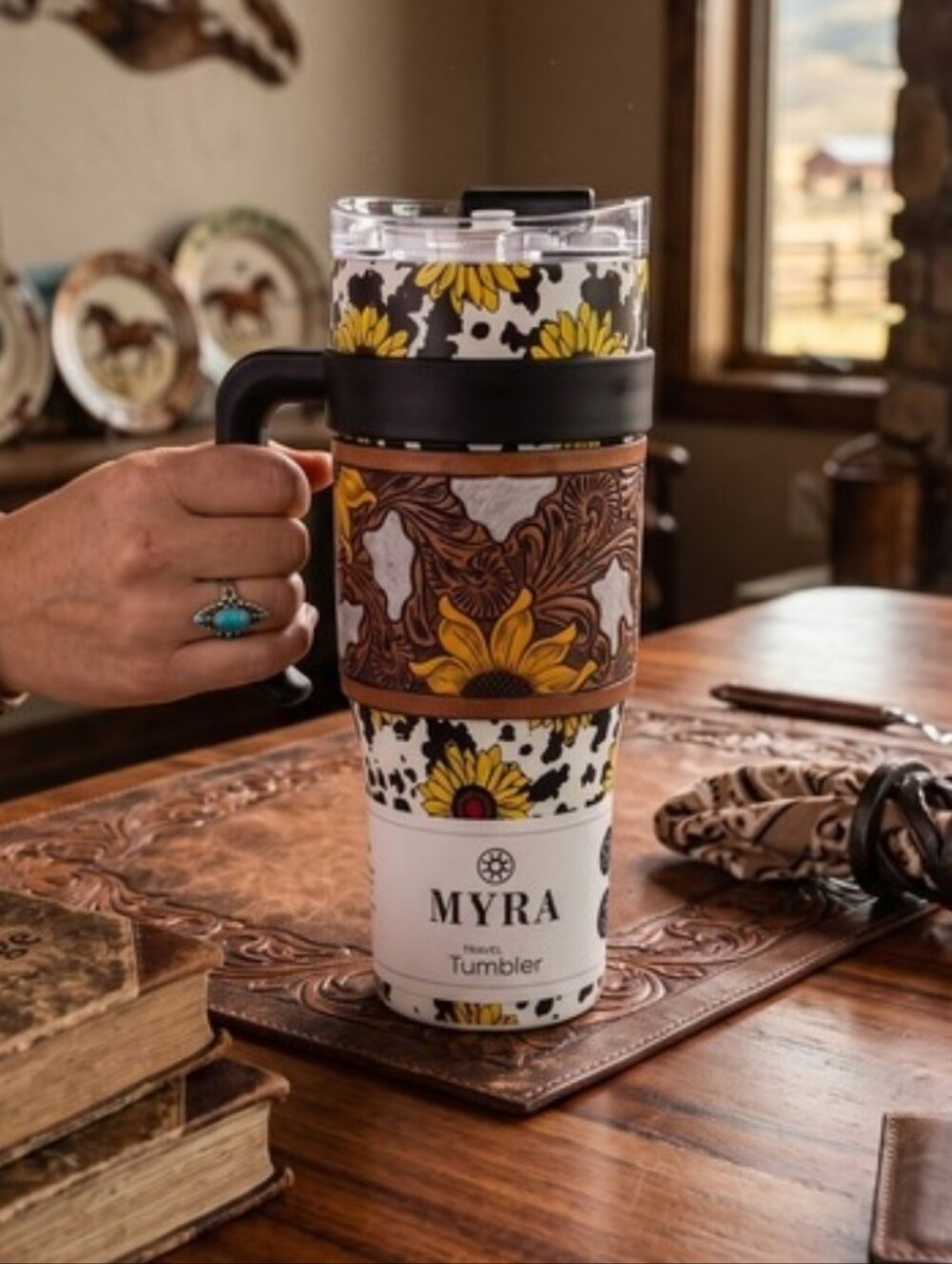 Myra Bag Yellow and Brown Floral Insulated Tumbler with Handle